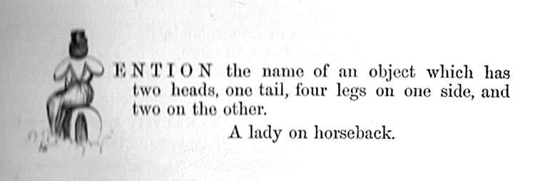 Mention the name of an object which has two heads, one tail, four legs on one side, and two on the other. A lady on horseback