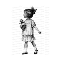 Vintage Little Girl in Dropped-Waist Dress with Doll and Hair Bow | Edwardian Child Vector Clipart Instant Download SVG PNG JPG