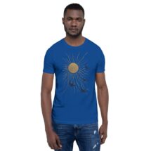 Sun and Birds T-Shirt: Land of the Midnight Sun | Antique Book Cover Blue and Gold Unisex Shirt, Flying Birds Shirt