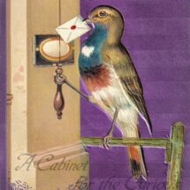 Antique Postcard DOWNLOAD | Bird with Envelope in Beak Ringing Doorbell | Edwardian Bird Delivering Mail purple background png jpg digital