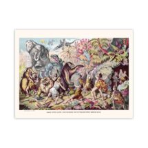 Prehistoric Poster: Cave Dwellers Contend with Prehistoric Monsters Vintage Reproduction, Cavemen Animals Mammoth Pterodactyl Art Print