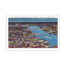 NYC Poster: Retro East River Halftone Vintage Reproduction | Brooklyn Manhattan Williamsburg Bridges at Night New York City 1930s Art Print