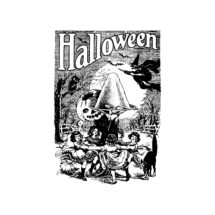 1920s Weird Halloween Scene Vector Clipart | Children Bats Owl Witch Black Cat Sweets Jack-o-Lantern Spooky Bizarre Download SVG PNG JPG