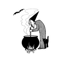 Digital Vintage 1920s Halloween Witch with Cauldron, Black Cat, Bat Vector Clipart |  Instant Download SVG PNG JPG