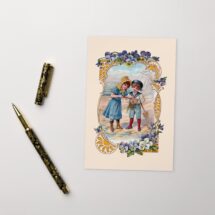 Seaside Victorian Children 4×6 Postcard Boy & Girl Playing at Beach Ocean Pansies Floral Old Fashioned Summer Flat Card, Small Gift