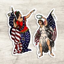 Patriotic Columbia Sticker Set, 2 Large Vinyl Woman, United States Flag & Laurel Stickers American Lady Liberty, Small Gift