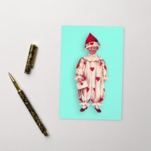 Fool For Your Love 4×6 Postcard Victorian Boy in Valentine Clown Pierrot Style Clown Suit with Hearts Flat Card, Small Gift, Small Art Print