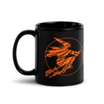 Halloween Mug, Retro Witch | Scary Spooky Halloween Black Glossy Ceramic Mug Witch Flying on Broom