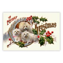 Printable Christmas Dogs Flat Card: Shaggy White Dog Victorian Toy Poodle Maltese Merry Christmas 4×6 Print Ready JPG Download Digital