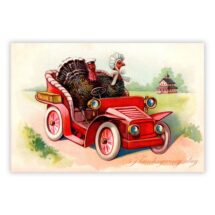 Printable Driving Turkeys Thanksgiving Flat Card: Victorian Era Old Fashioned Car Funny Turkey Couple 4×6 Print Ready JPG Download Digital