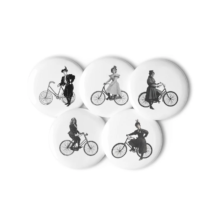 Set of Five Bicycle Ladies Pins, Victorian Women Riding Antique Bicycles Bike Cycling Feminist Feminism, Badges Buttons